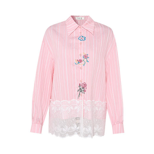 两三事玫瑰初吻2025夏季新款蕾丝下摆拼接绣花条纹粉色衬衫女宽松 商品图4