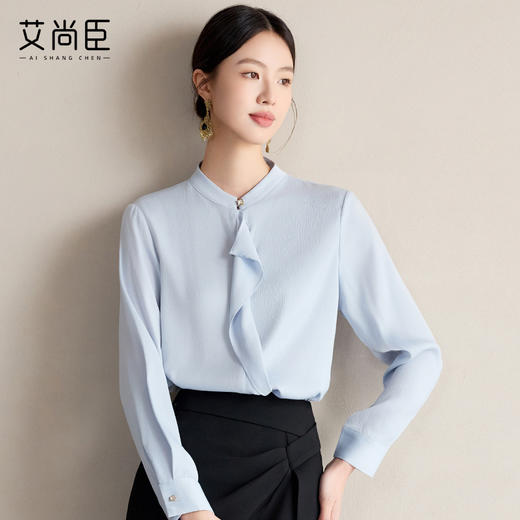 艾尚臣衬衫女春夏蓝色长袖上衣2025新款通勤衬衣女士法式气质小衫 商品图2
