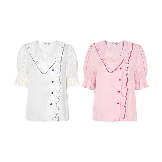 两三事 荷浪回声 2025夏季新款复古荷叶边不对称翻领泡泡袖衬衫女 商品图4