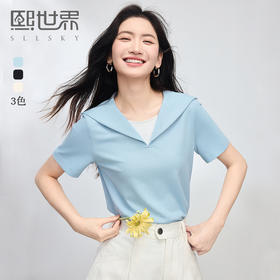 【周四狂欢价】熙世界海军领短袖T恤女夏季新款设计感独特别致蓝色体恤正肩上衣
