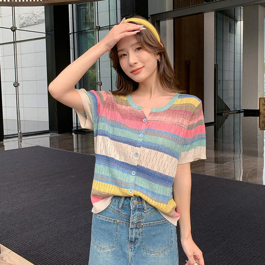 奢姿大码女装2025夏季减龄彩虹条纹针织衫胖妹妹圆领时尚百搭上衣9652690353 商品图2