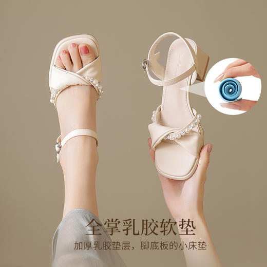 ZHR一字带凉鞋女配裙子2025夏季新款软底不累脚粗跟度假高跟鞋 商品图1