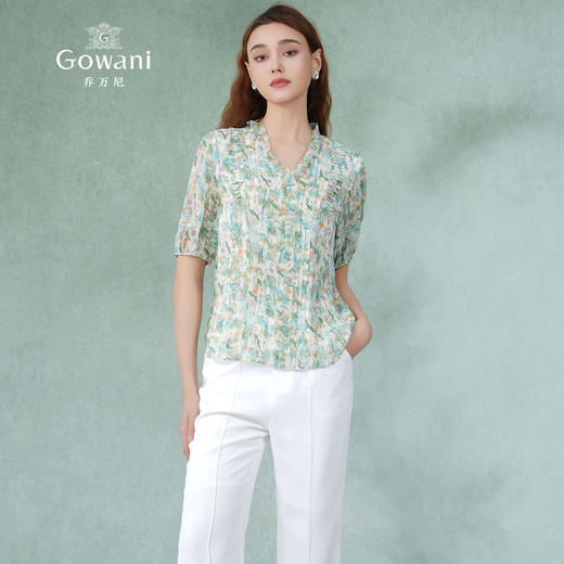 乔万尼短袖衬衫100%真丝桑蚕丝法式压褶设计EM2C835 商品图2