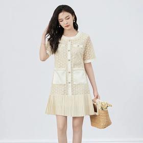 【高货wl】全新升级【铂金会员330/天猫439/差价109】(02203) 洛诗琳2025夏款法式静奢水溶花蕾丝拼双绉雪纺压褶连衣裙