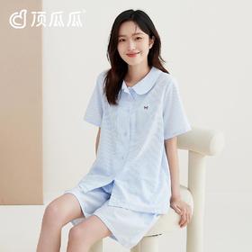 3部顶瓜瓜梭织棉开襟小娃娃领竖条纹女短袖套装AR22798