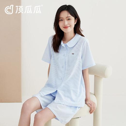3部顶瓜瓜梭织棉开襟小娃娃领竖条纹女短袖套装AR22798 商品图0