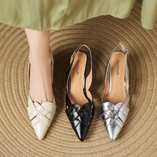 【预售5天】头层超软羊皱漆皮水钻一字带包头凉鞋女真皮粗跟舒适单鞋LD&7361 商品图2