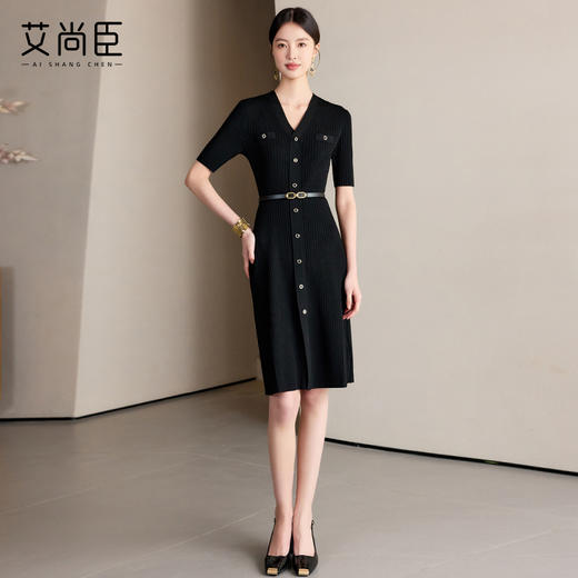 黑色连衣裙女V领气质冰丝针织基础款收腰显瘦短袖裙子中长款 商品图2