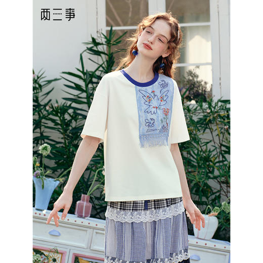 两三事 羽化飞鸟 2025夏季新款复古蕾丝拼接刺绣短袖t恤女宽松 商品图0