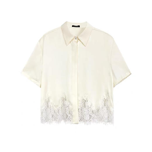 杏色短袖蕾丝定位绣花撞色衬衫 商品图0