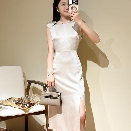 洛诗琳60005夏季高级感轻礼服侧开叉无袖A字醋酸连衣裙女82197 商品图2