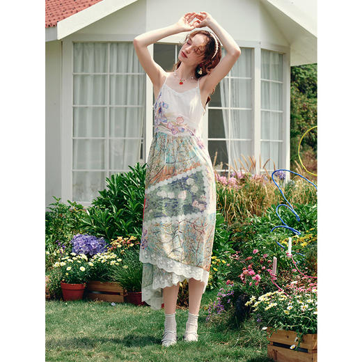两三事梵高文艺永恒生机2025夏新款法式蕾丝拼接印花吊带裙连衣裙 商品图3