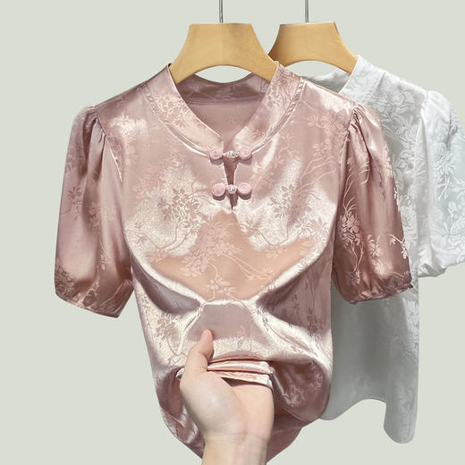 C4X1695-ZJL新中式立领盘扣上衣2025年夏季新款国风短袖雪纺衫提花缎面衬衫女 商品图1