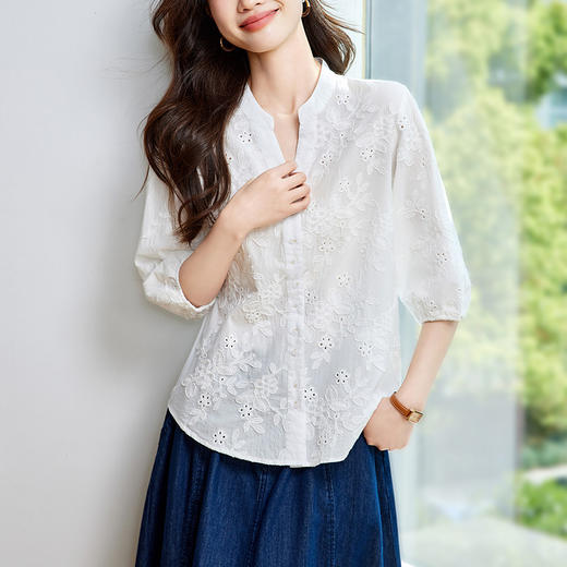 馥迦浪漫纯棉绣花镂空衬衫 商品图4