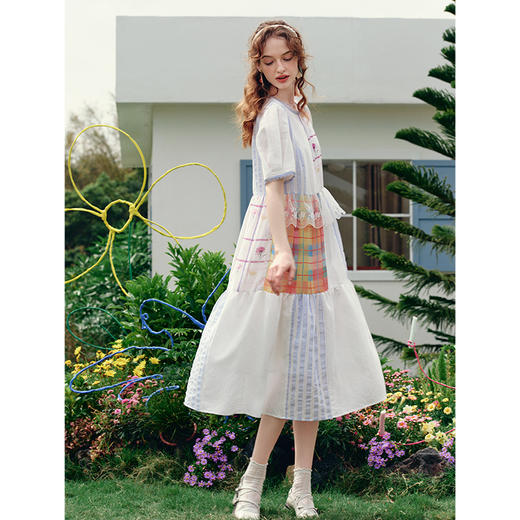 两三事 碎虹棱镜 2025夏季新款森女风蕾丝拼接拼布泡泡袖连衣裙 商品图1