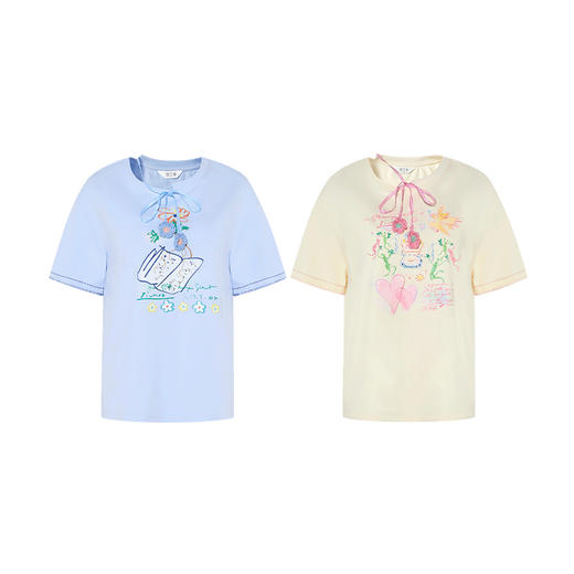 两三事虚线与实2025夏季新款小清新印花手钩花绑带短袖t恤女宽松 商品图4