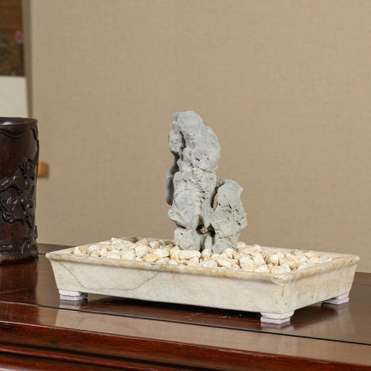 清 太湖石文房赏石配汉白玉赏盆 商品图1