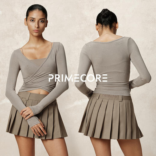 PRIMECORE 抓褶式运动上衣V领休闲修身显瘦长袖 商品图2