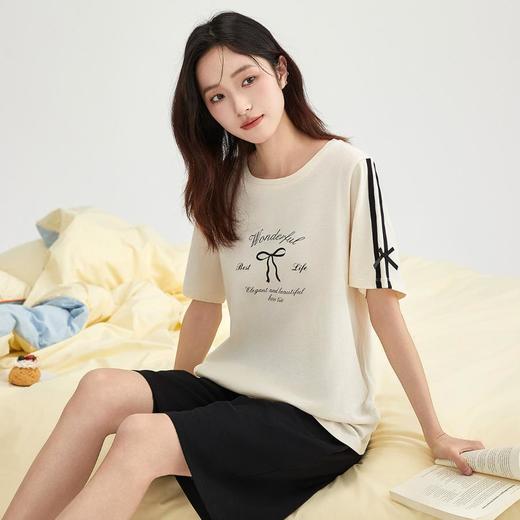 3部顶瓜瓜夏季清凉女士蝴蝶结纯棉套头圆领短袖短裤家居服套装AR22809 商品图2