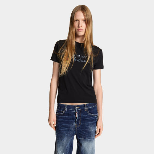 DSQUARED2 女士涂鸦徽标印花棉质圆领短袖T恤 黑色 S72GD0571 D20020 900 商品图1