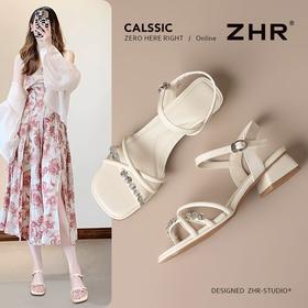 ZHR则则时髦水钻粗跟罗马凉鞋女鞋2025夏季新款优雅复古耐穿凉鞋