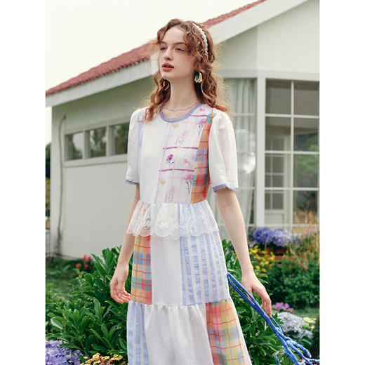 两三事 碎虹棱镜 2025夏季新款森女风蕾丝拼接拼布泡泡袖连衣裙 商品图2