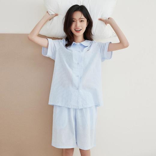 3部顶瓜瓜梭织棉开襟小娃娃领竖条纹女短袖套装AR22798 商品图3