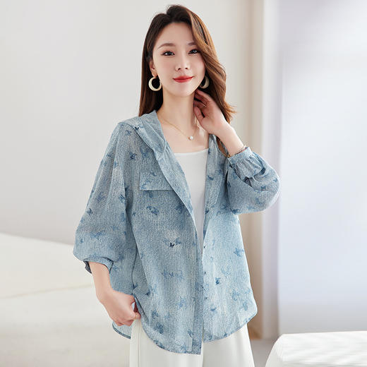 丁摩时尚连帽双绉真丝衬衫女长袖新款桑蚕丝印花大码宽松上衣AL9360 商品图2