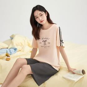 3部顶瓜瓜夏季清凉女士蝴蝶结纯棉套头圆领短袖短裤家居服套装AR22809
