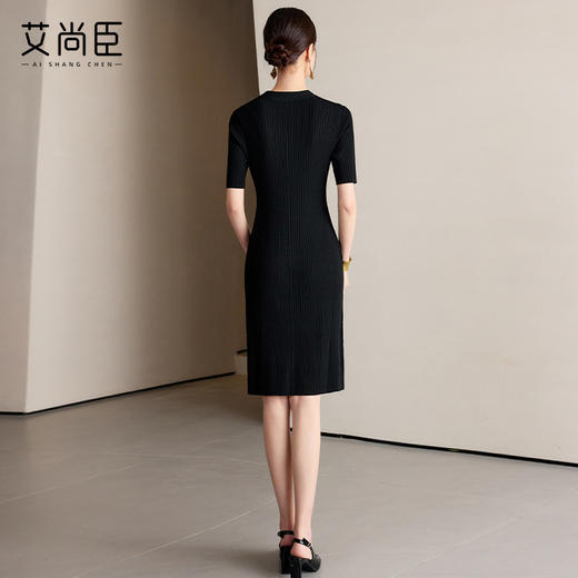 黑色连衣裙女V领气质冰丝针织基础款收腰显瘦短袖裙子中长款 商品图4