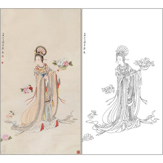 蔡岚人物工笔画白描底稿《天女散花》临摹勾线高清打印画稿CL13 商品图0