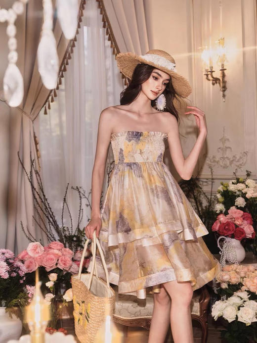 黄色晕染印花可拆式花瓣肩带双层荷叶边连衣裙 商品图0