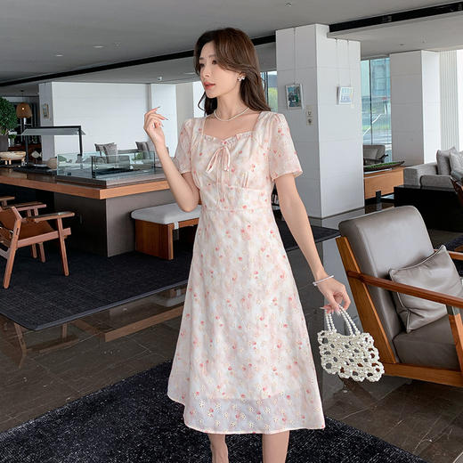 奢姿大码女装2025夏季时尚方领短袖连衣裙胖妹妹气质碎花系带裙子9952869666 商品图2