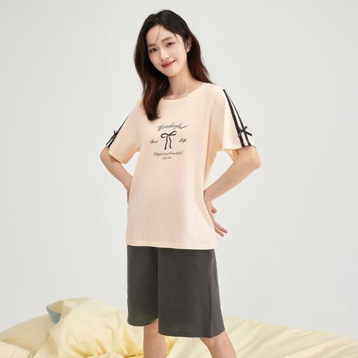 3部顶瓜瓜夏季清凉女士蝴蝶结纯棉套头圆领短袖短裤家居服套装AR22809 商品图4