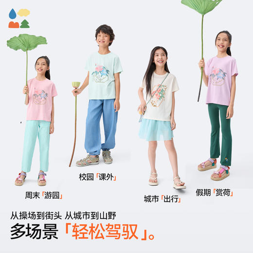 【水亭风游园短袖T恤】森林棠25夏款儿童国风插画透气凉感排汗短袖T恤40322507 商品图3