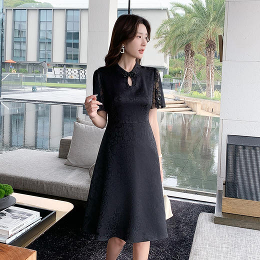奢姿大码女装2025夏季新中式国风盘扣改良短袖A摆显瘦旗袍连衣裙9952853175 商品图1