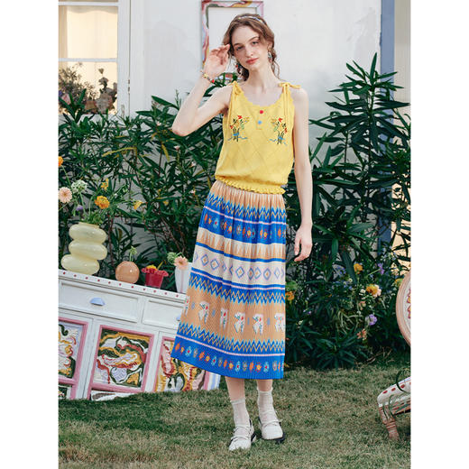 两三事 星瞳折戟 2025夏季新款民族风印花压褶高腰雪纺半身裙长裙 商品图1