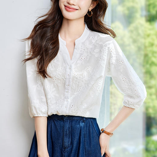 馥迦浪漫纯棉绣花镂空衬衫 商品图5