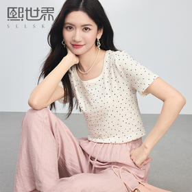 【周四狂欢价】熙世界波点方领T恤夏季女短袖2025新款法式气质肌理针织体恤上衣
