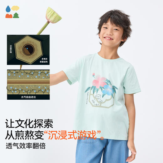 【水亭风游园短袖T恤】森林棠25夏款儿童国风插画透气凉感排汗短袖T恤40322507 商品图2