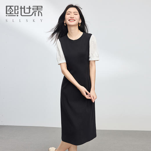 【专属特价】熙世界通勤风假两件连衣裙女2025夏季新款气质收腰圆领泡泡袖裙子 商品图0