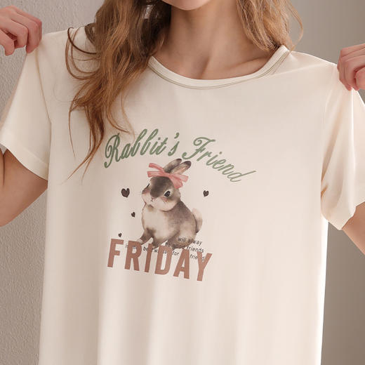 芬腾女士睡裙夏季薄款短袖睡衣中裙甜美少女可爱休闲家居服连衣裙 商品图2