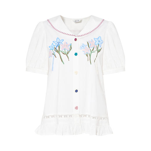 两三事采花朝露2025夏新款小清新流苏印花荷叶边下摆娃娃领衬衫女 商品图4