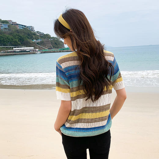 奢姿大码女装2025夏季减龄彩虹条纹针织衫胖妹妹圆领时尚百搭上衣9652690353 商品图3