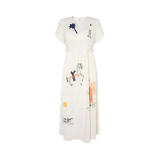 两三事 天马星辰 2025夏季新款童趣刺绣涂鸦印花绑带a字连衣裙 商品图4