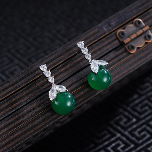 子佩集S925银【绿叶芳华】耳钉【YEH-2126】纯银绿玉髓扣环耳圈2503 商品图2