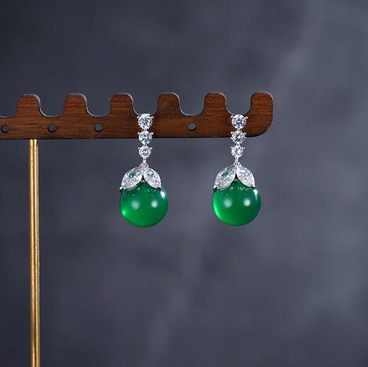 子佩集S925银【绿叶芳华】耳钉【YEH-2126】纯银绿玉髓扣环耳圈2503 商品图0