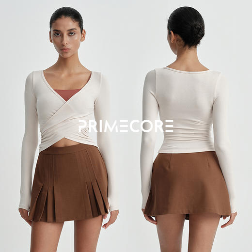 PRIMECORE 抓褶式运动上衣V领休闲修身显瘦长袖 商品图1