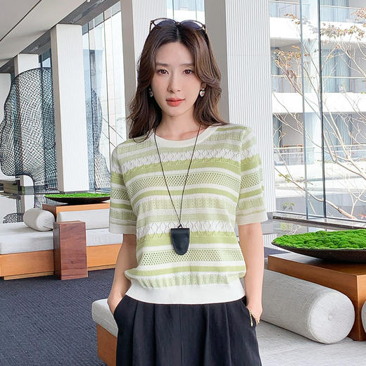 奢姿大码女装2025夏季减龄镂空条纹时尚针织衫胖妹妹圆领百搭上衣9652690354 商品图0