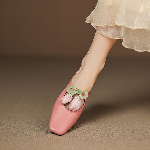 【预售5天】时尚包头半拖鞋女夏季真皮外穿低跟花朵蝴蝶结一字带穆勒拖鞋ASZ&5-826 商品图3